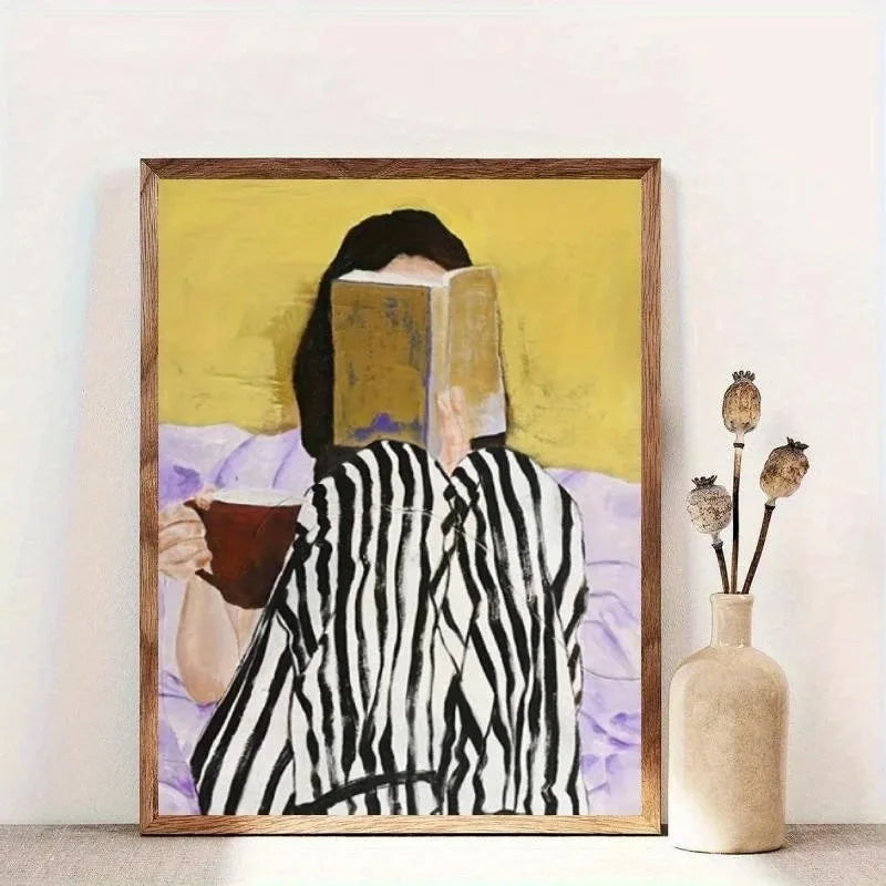 Abstract Woman Reading Coffee Canvas Wall Art