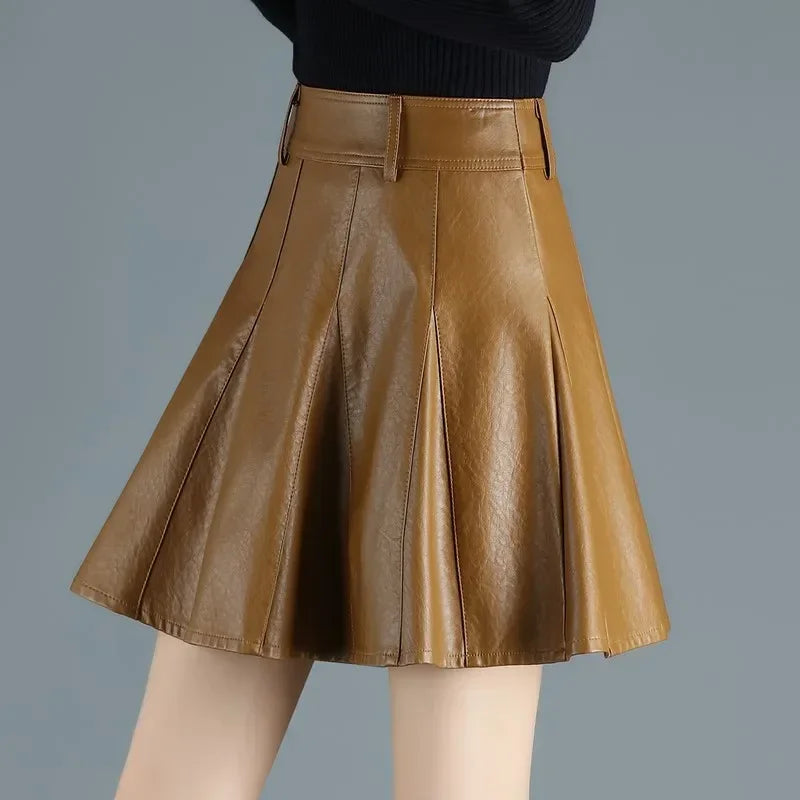 Elegant High Waist Genuine Leather Mini Skirt