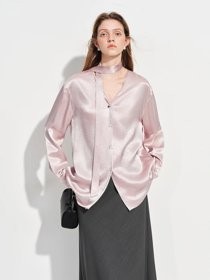 Women’s French Style V-Neck Acetate Satin Shirt