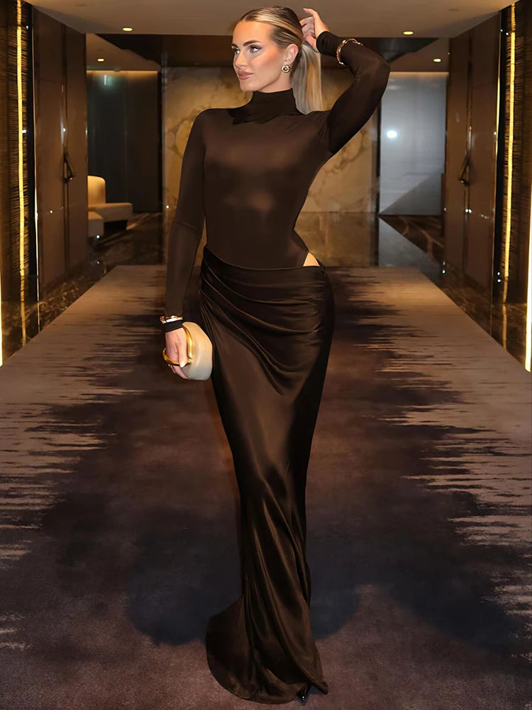 Hollow Turtleneck Ruched Bodycon Maxi Dress