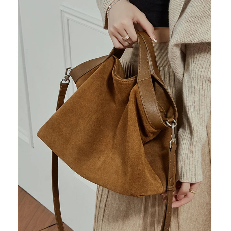 Genuine Cowhide Suede Hobo Tote Bag