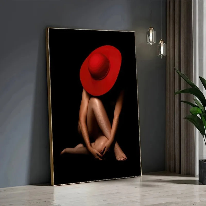 1pc Modern Abstract Red Hat Frameless Wall Art Canvas Print, Contemporary Female Form Poster for Living Room and Bedroom Decor