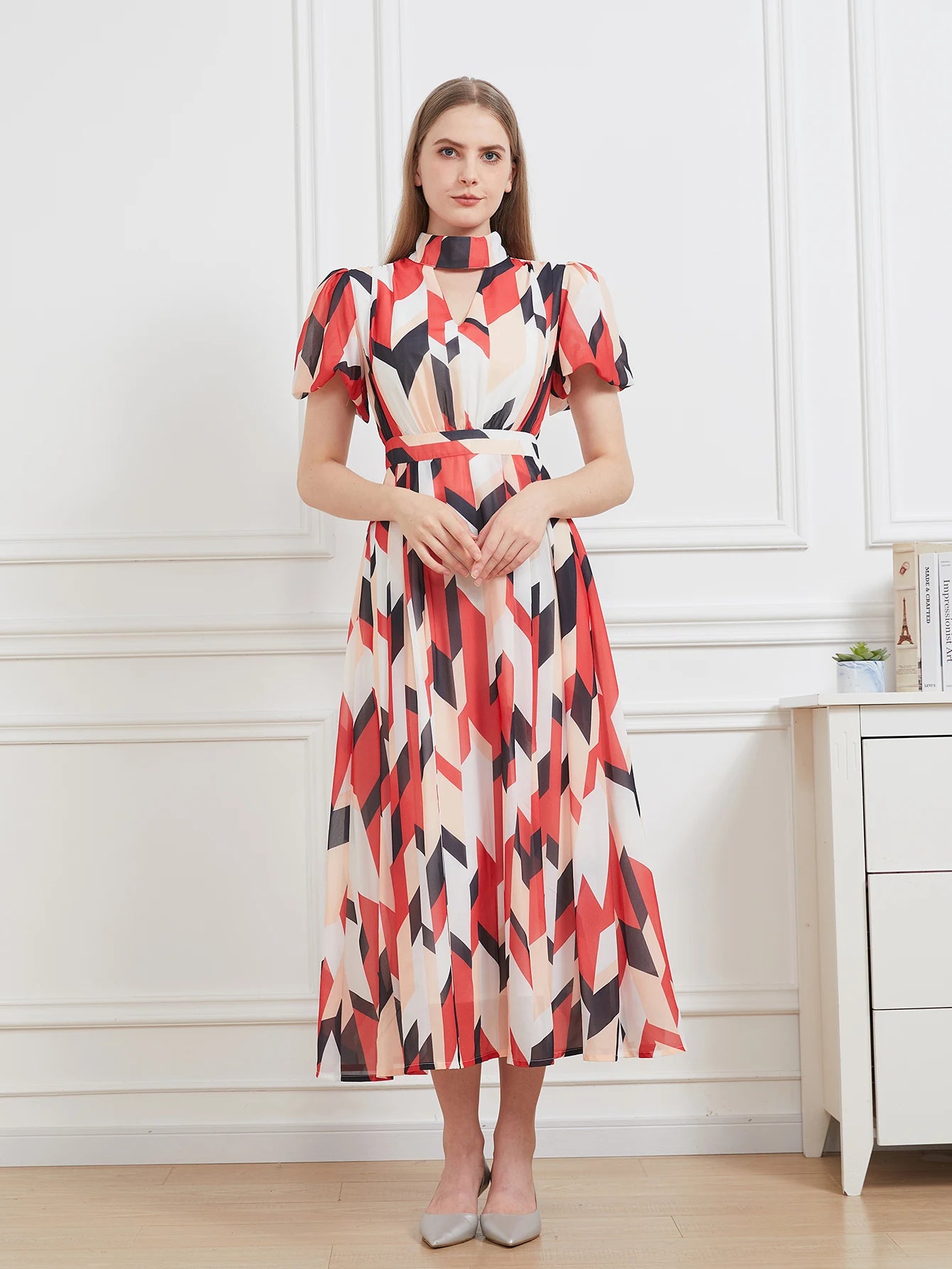 Floral Chiffon A-Line Midi Party Dress