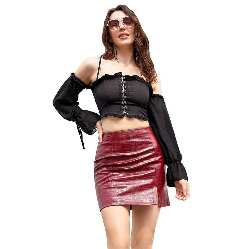 Red Crocodile Print PU Mini Skirt 2026