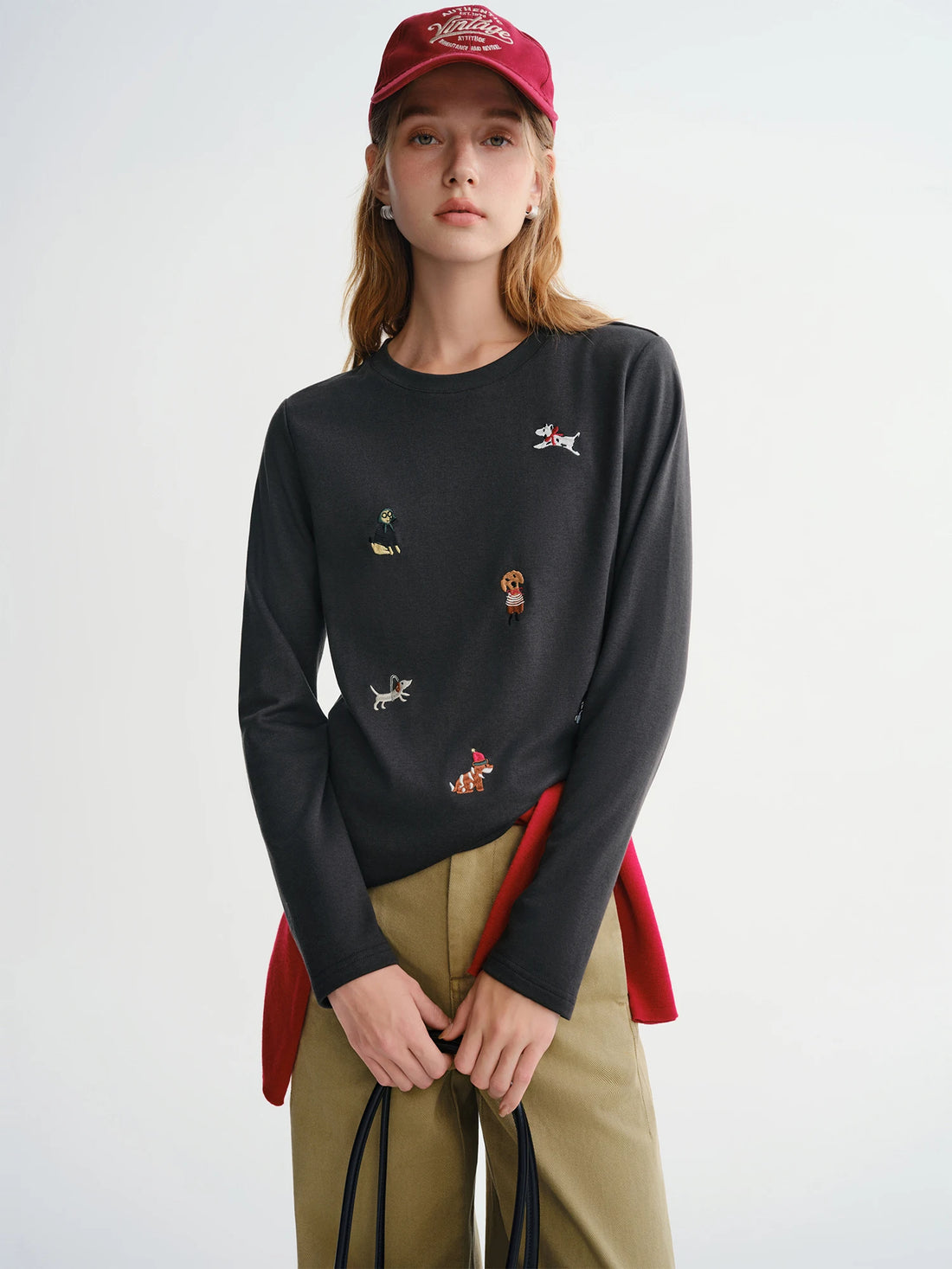 Women’s Puppy Embroidered Fleece Long Sleeve T-Shirt