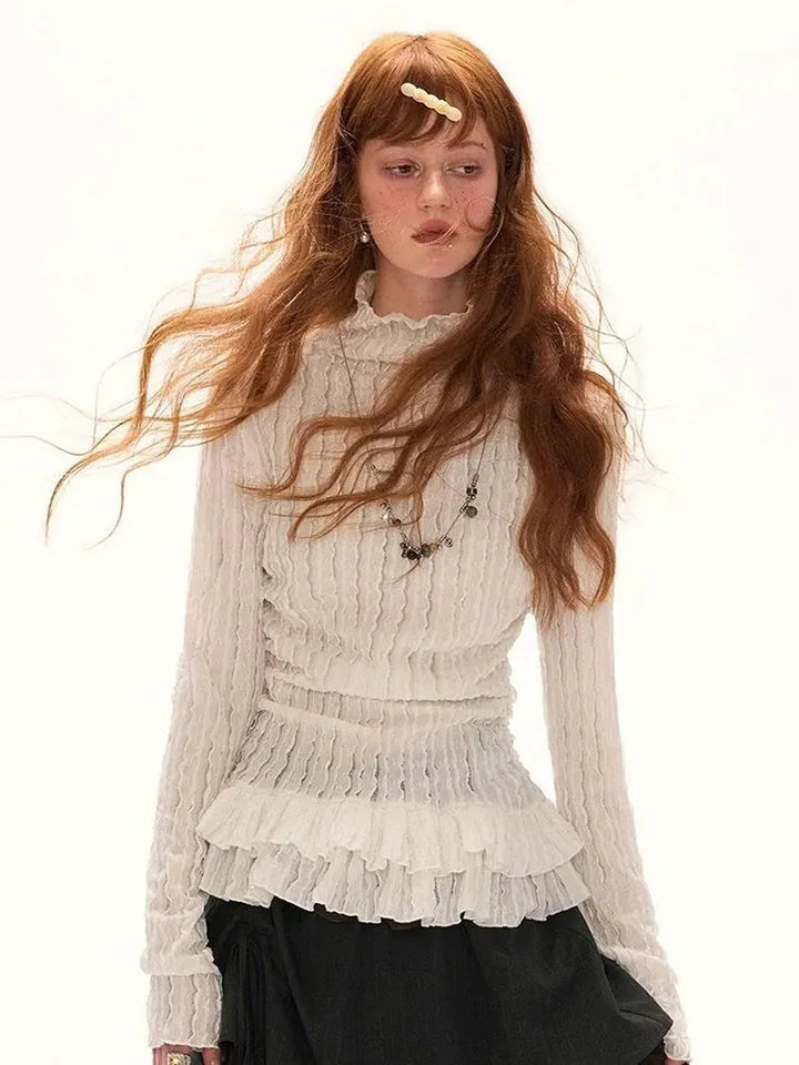 Women’s Ruffle Turtleneck Slim Fit Long Sleeve T-Shirt