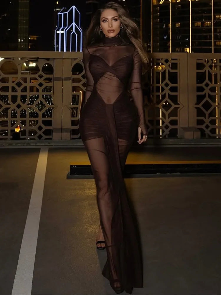Patchwork Sheer Bodycon Maxi Dress