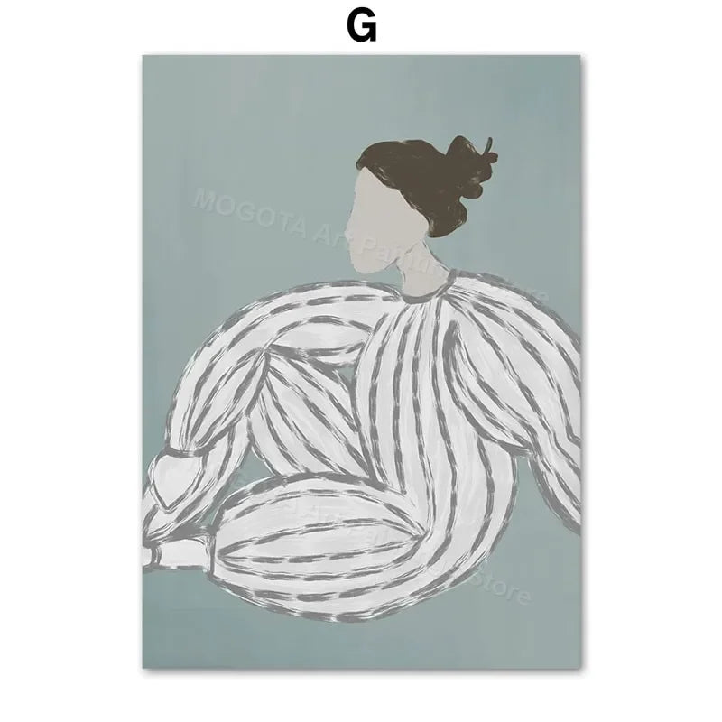 Retro Abstract Line Girl Vase Canvas Wall Art