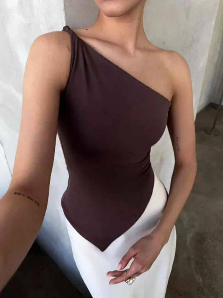 2025 New Fashionable Casual Women's T-Shirt Solid Color Single Shoulder Asymmetrical Slim Fit Top One-Piece Neck