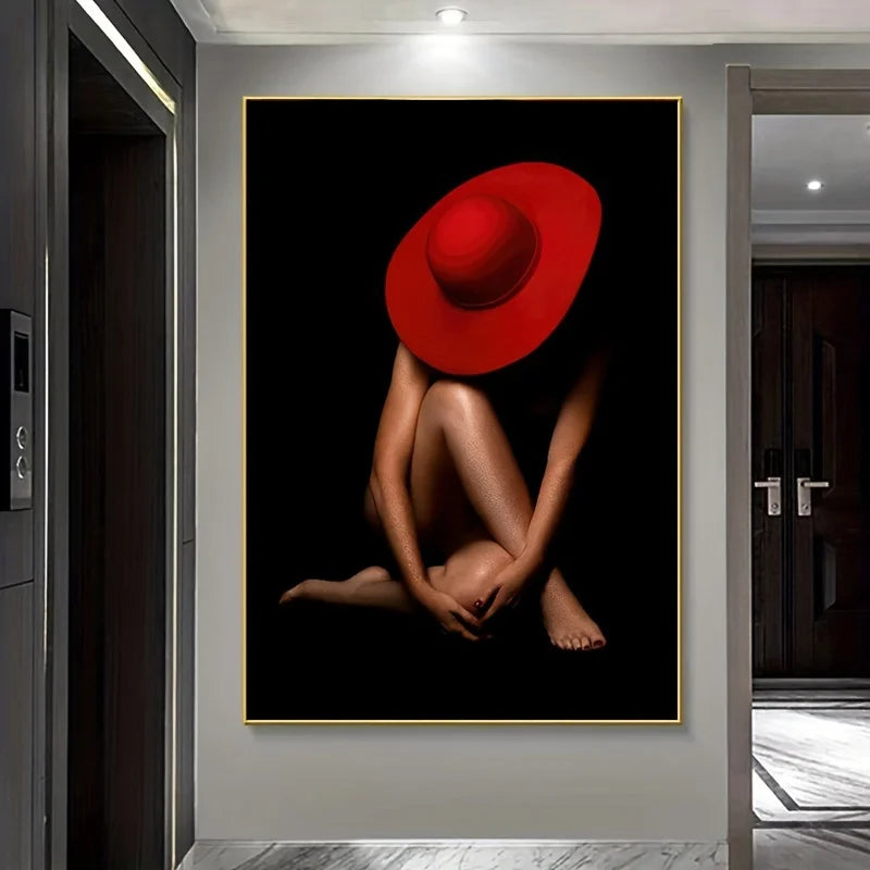 1pc Modern Abstract Red Hat Frameless Wall Art Canvas Print, Contemporary Female Form Poster for Living Room and Bedroom Decor