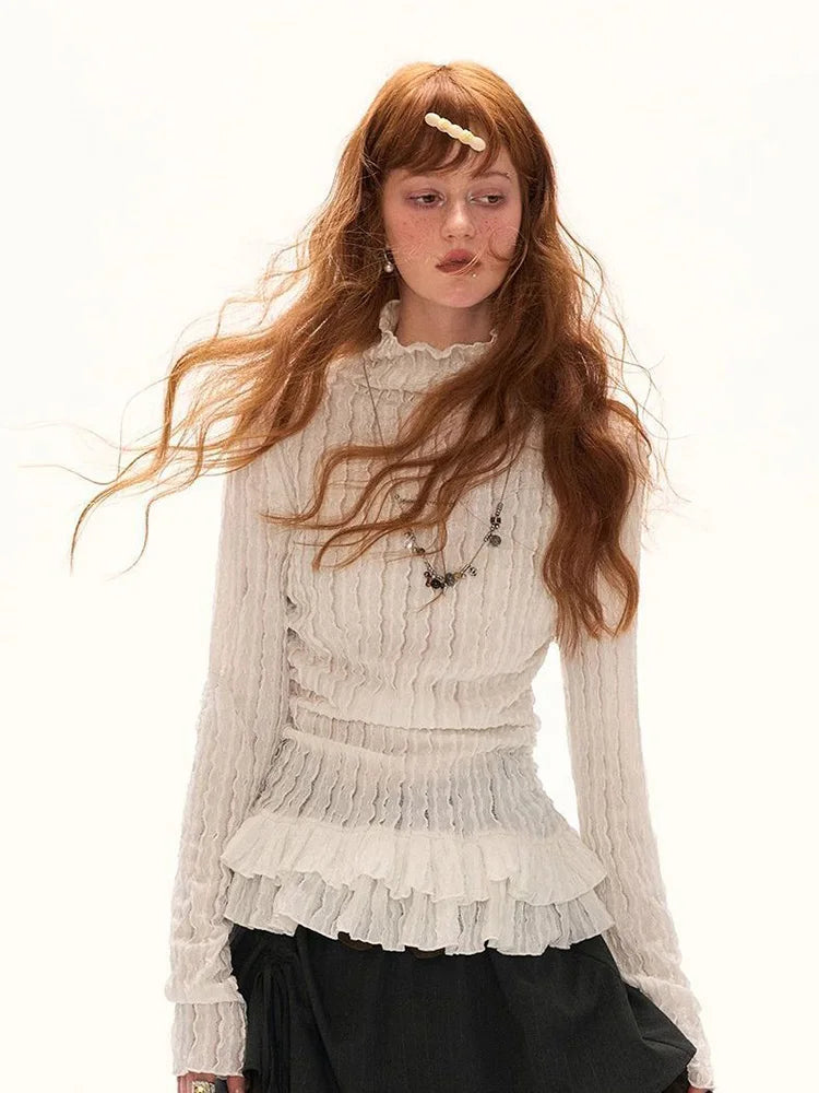 Women’s Ruffle Turtleneck Slim Fit Long Sleeve T-Shirt