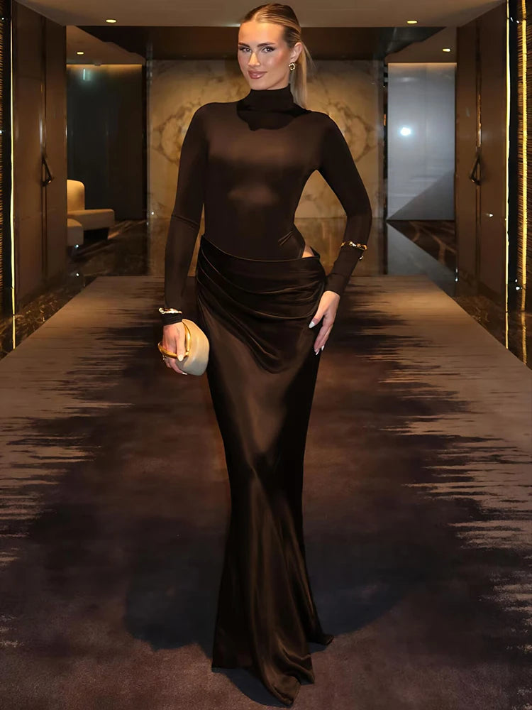 Hollow Turtleneck Ruched Bodycon Maxi Dress
