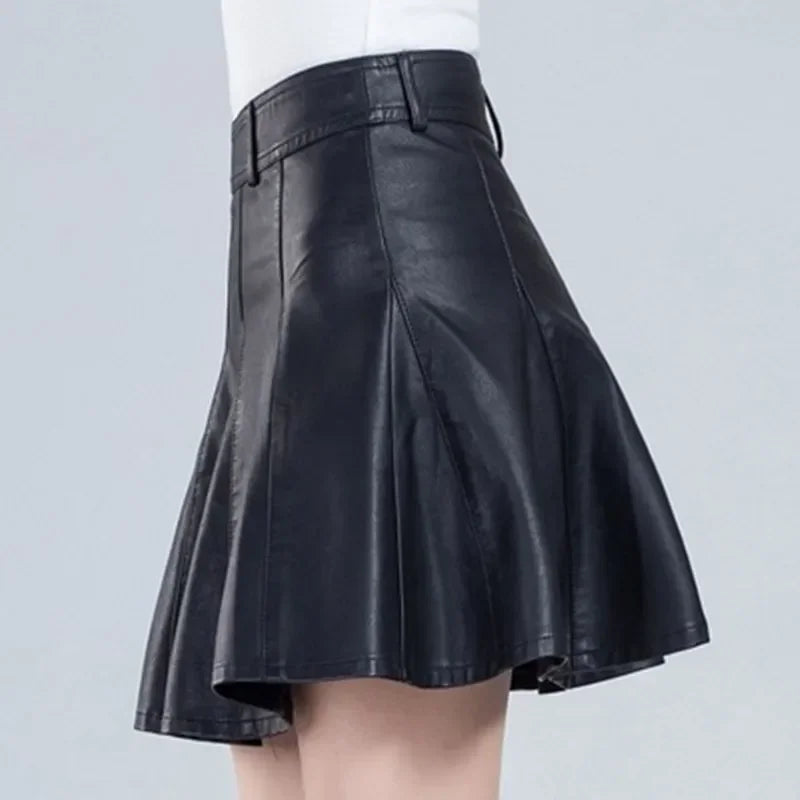 Elegant High Waist Genuine Leather Mini Skirt