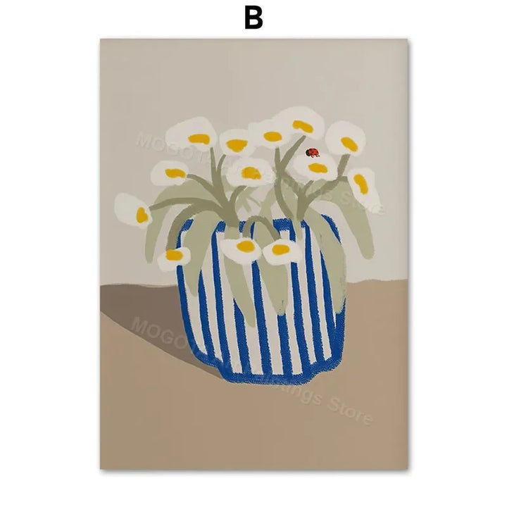Retro Abstract Line Girl Vase Canvas Wall Art